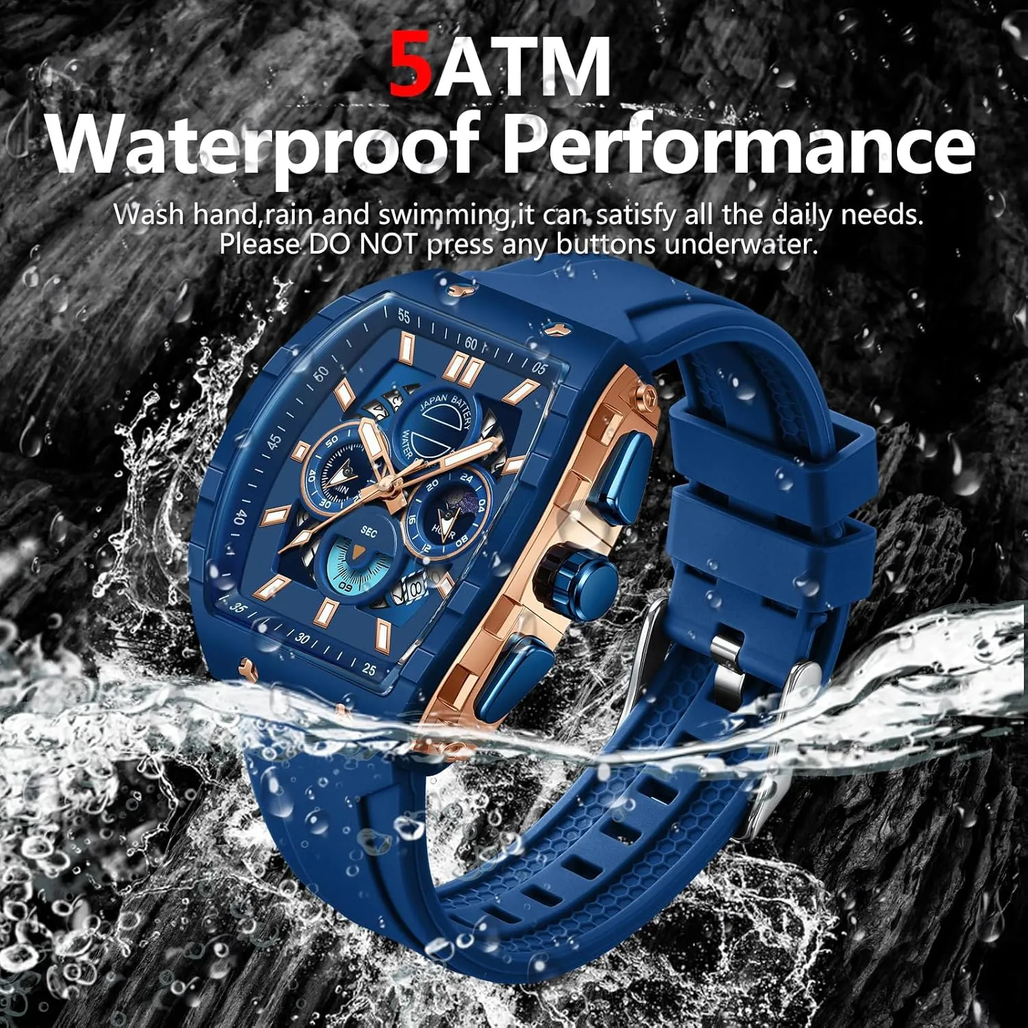 findtime Men Watch Chronograph Analog Sport Wristwatch Waterproof Running Stopwatch Watches for Men Luminous Moon Phase Unique Tonneau