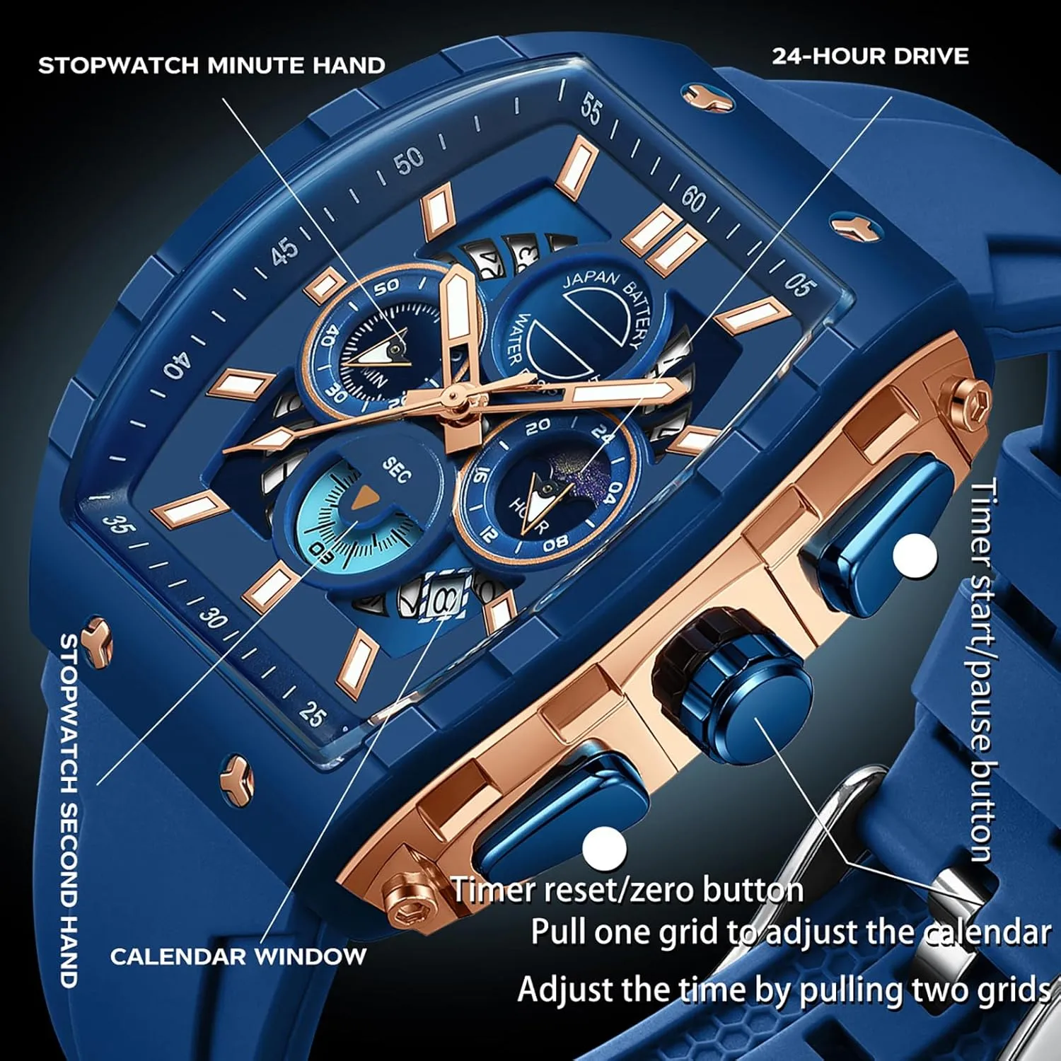 findtime Men Watch Chronograph Analog Sport Wristwatch Waterproof Running Stopwatch Watches for Men Luminous Moon Phase Unique Tonneau