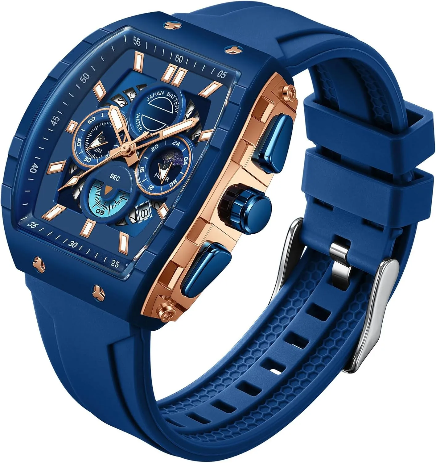 findtime Men Watch Chronograph Analog Sport Wristwatch Waterproof Running Stopwatch Watches for Men Luminous Moon Phase Unique Tonneau