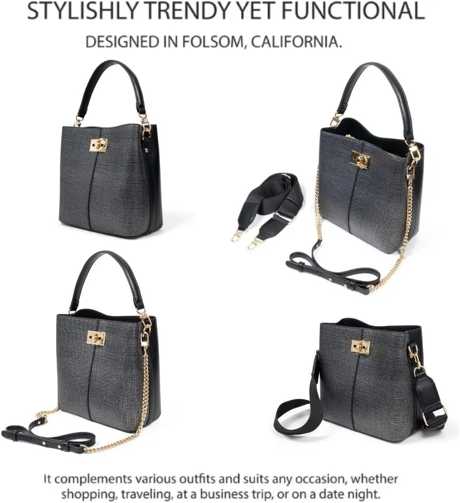 FOLSOM Leather Crossbody Bags for Women - 5 Colors | Leather Bucket Bags for Women - 3 Straps, 3 Compartments, & 3 Closures