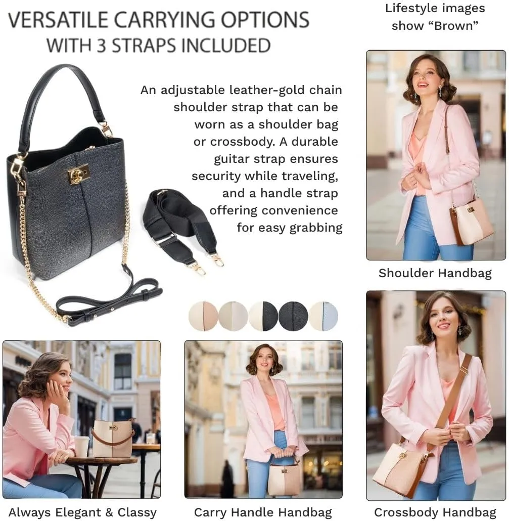 FOLSOM Leather Crossbody Bags for Women - 5 Colors | Leather Bucket Bags for Women - 3 Straps, 3 Compartments, & 3 Closures