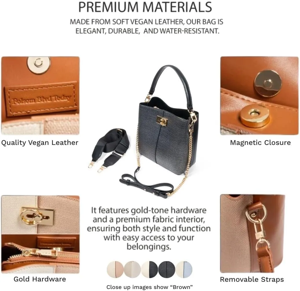 FOLSOM Leather Crossbody Bags for Women - 5 Colors | Leather Bucket Bags for Women - 3 Straps, 3 Compartments, & 3 Closures