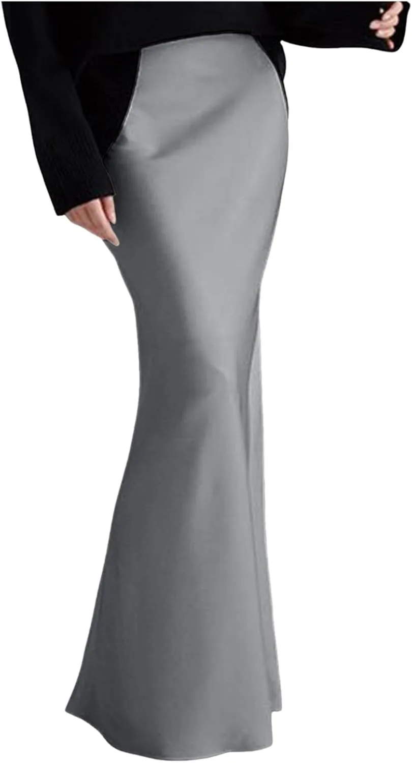 Formal Skirts for Women High Waisted Satin Mermaid Hem Floor Length Dress Skirt with Elegant Draping Adjustable Waist