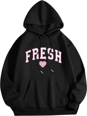 Fresh Hoodie Oversized Pink Letter Graphic Long Sleeve Casual Pocket Love Streetwear Baggy Preppy Pollover Top