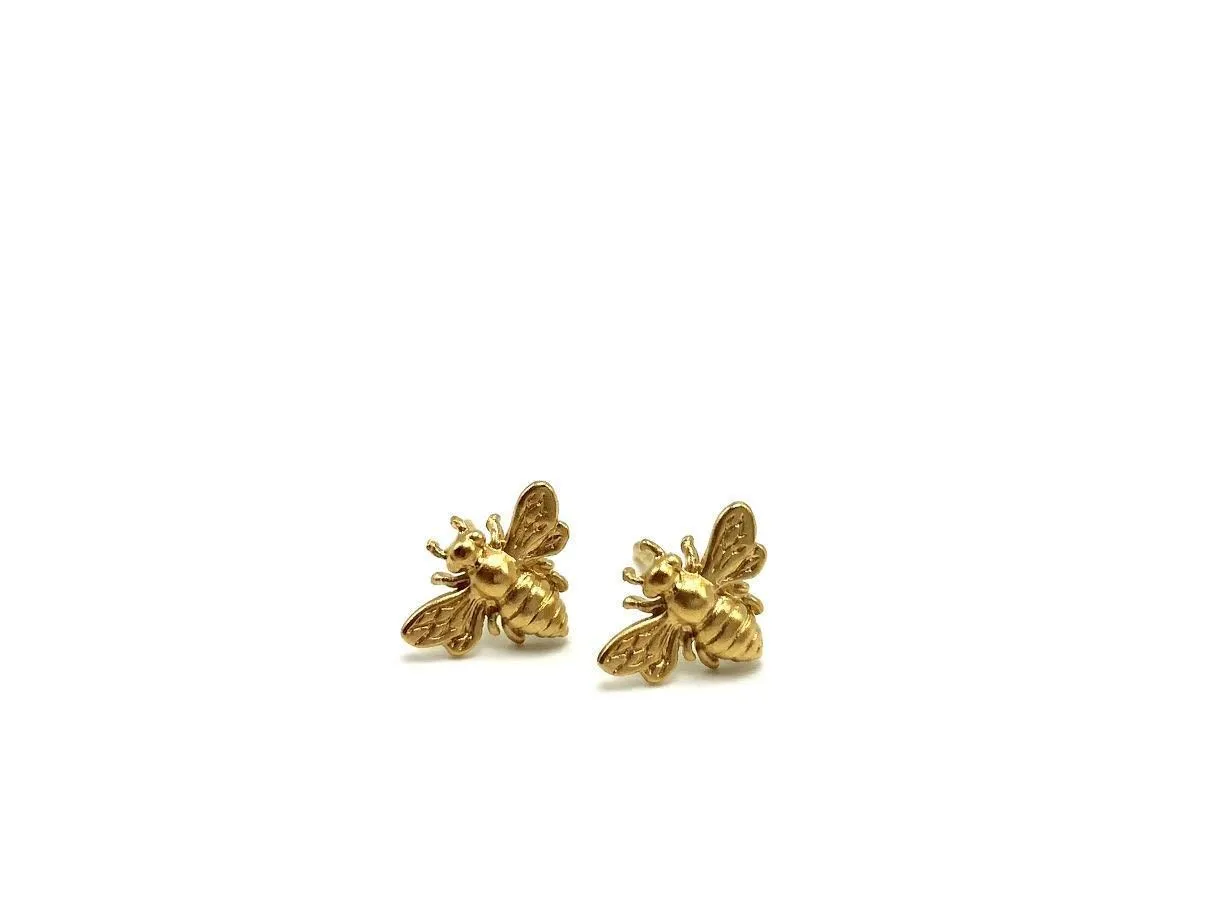 Gold Bee Stud Earrings, 24k Gold Vermeil over Sterling Silver, Bumblebee Jewelry, Honeybee Posts