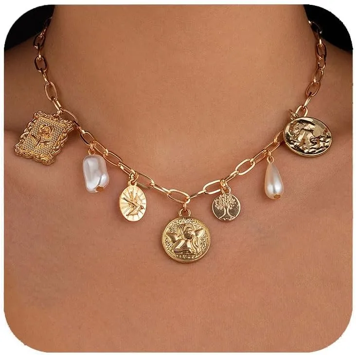 Gold Charm Necklace for Women Gold shell Pearl paperclip Choker necklaces Summer Beach Necklace Boho Charm Jewelry
