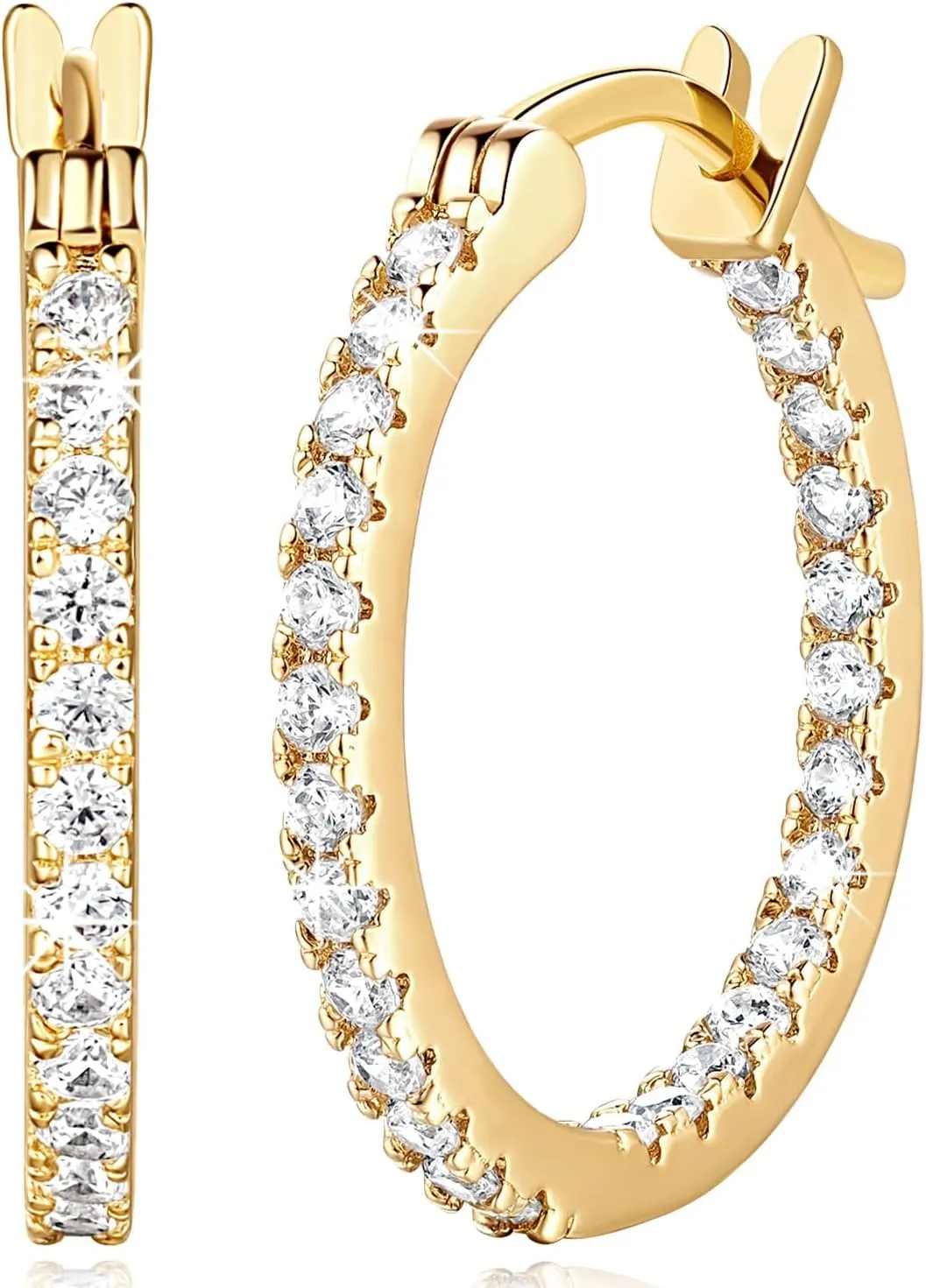 Gold Earrings 14K Gold Hoop Earrings for Women with Dual-sided Cubic Zirconia Hoop Earring for Women Sensitive Ears Hypoallergenic Womens Hoops Earring 15mm