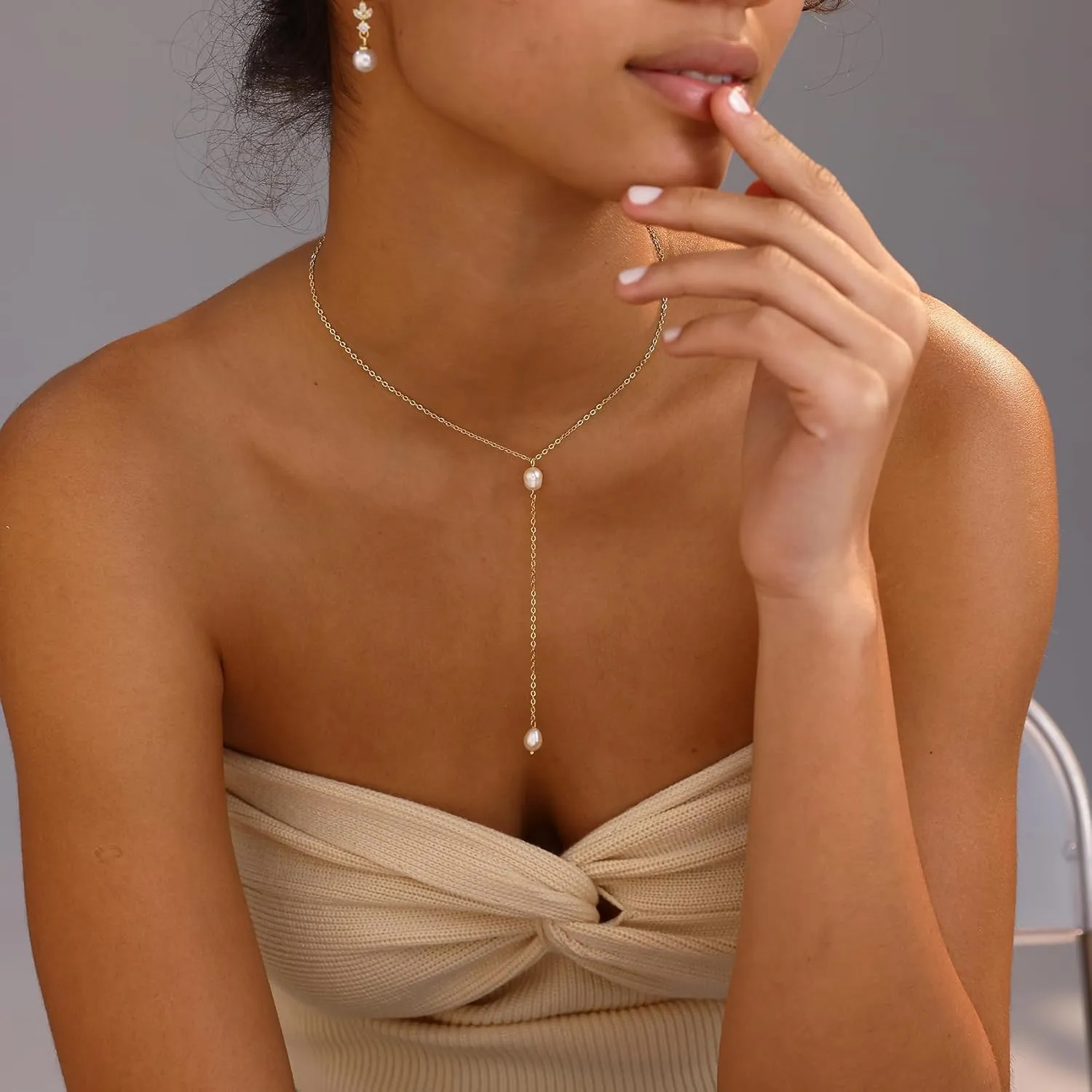 Gold Necklace for Women, Dainty Gold Long Necklaces 14k Gold Plated Prom Bar CZ Lariat Necklace Simple Choker Necklaces for Women Trendy Boho Fashion Costume Jewelry Womens