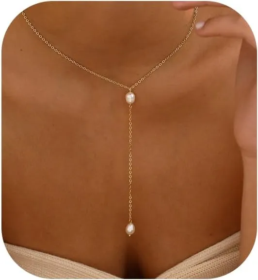 Gold Necklace for Women, Dainty Gold Long Necklaces 14k Gold Plated Prom Bar CZ Lariat Necklace Simple Choker Necklaces for Women Trendy Boho Fashion Costume Jewelry Womens