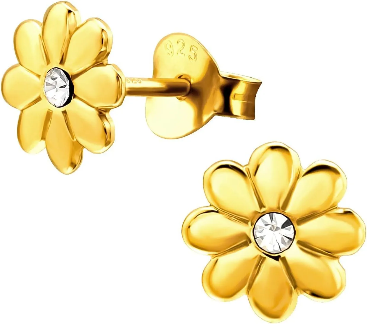 Gold Plated 925 Sterling Silver Flower Stud Earrings with Crystal