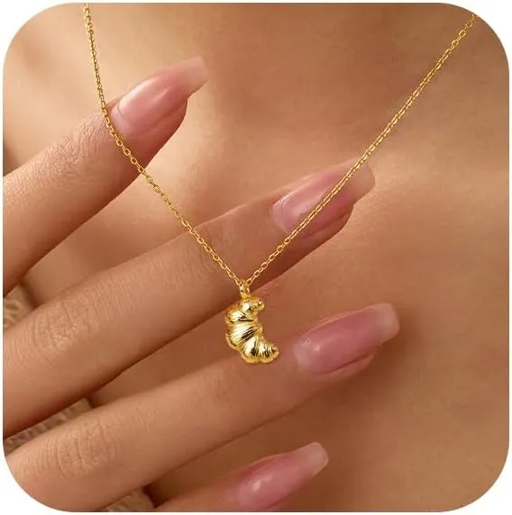 Gold Plated Croissant Charm Necklace for Women Men S925 Sterling Silver Solid Pendent Chain Necklace Minimalist Italian Horn Chocker Necklace Charm Birthday Jewelry for Mom Daughter Graduation Gifts