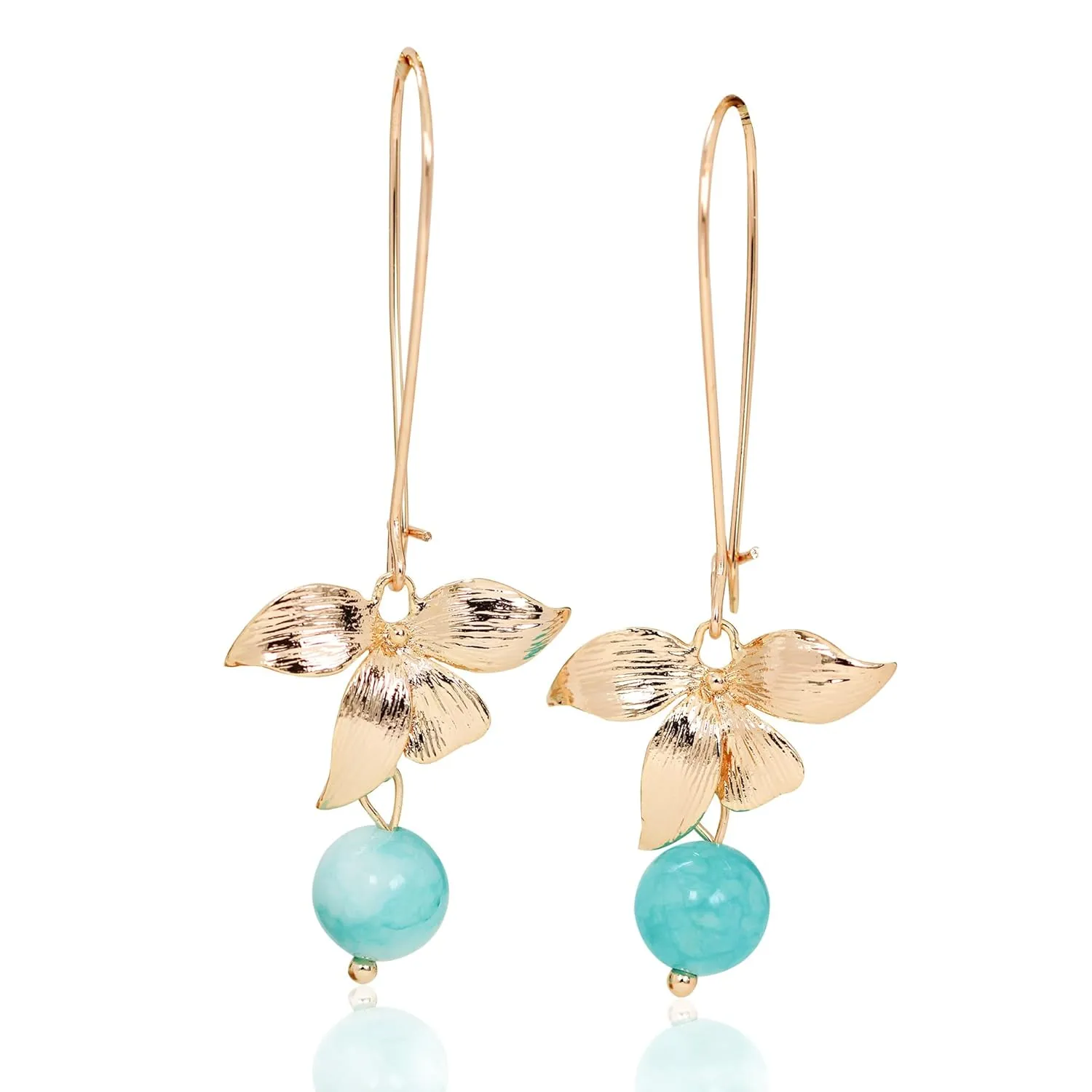 Gold plated orchid flower and natural stone dangle drop earrings, 18k gold plated copper leaves flowers dangle drop earrings (amazonite)