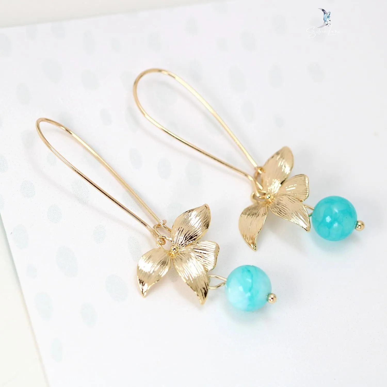 Gold plated orchid flower and natural stone dangle drop earrings, 18k gold plated copper leaves flowers dangle drop earrings (amazonite)