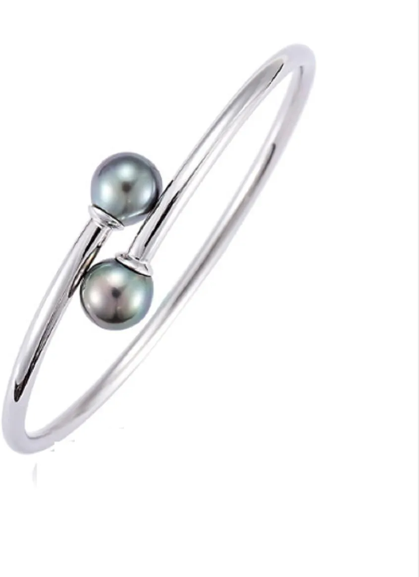 GOWE Natural Tahitian Cultured Pearl Round Pearl Bangle 925 Sterling Silver Open Adjustable Women
