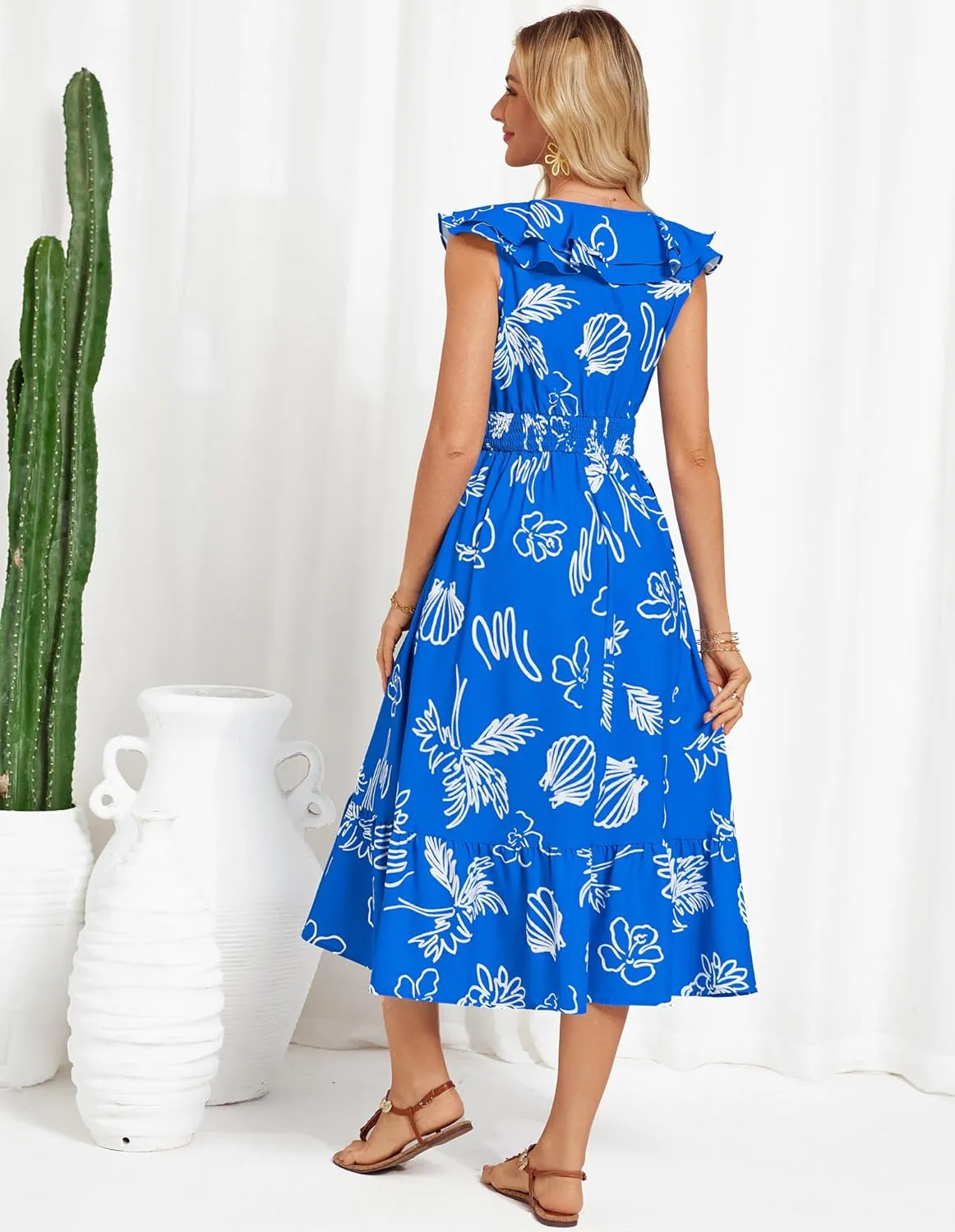 GRACE KARIN Women's Summer Dress Casual Boho Beach V Neck Smocked Waist Front Ruffle Floral Maxi Dresses with Pockets