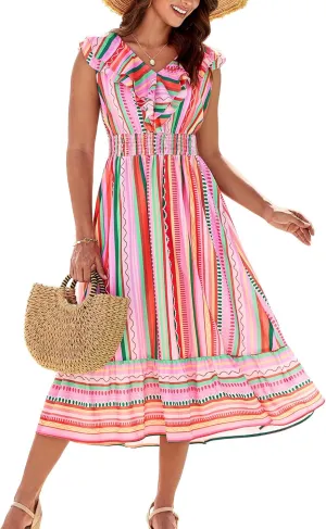 GRACE KARIN Women's Summer Dress Casual Boho Beach V Neck Smocked Waist Front Ruffle Floral Maxi Dresses with Pockets