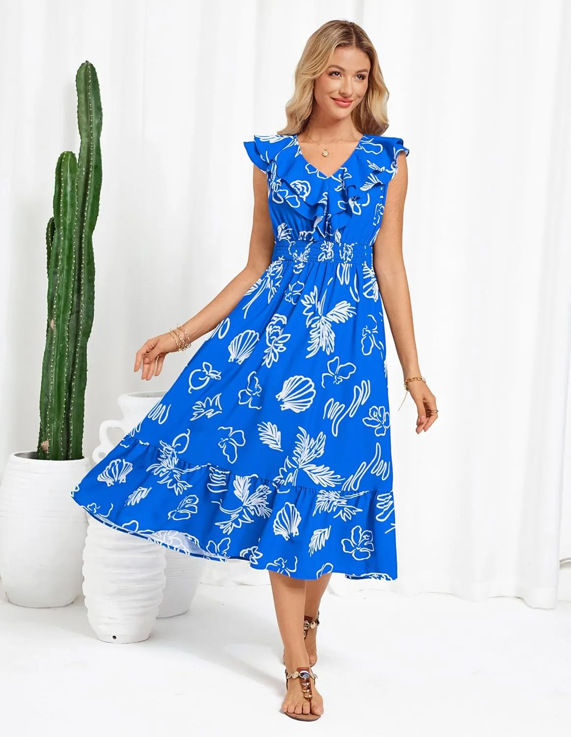 GRACE KARIN Women's Summer Dress Casual Boho Beach V Neck Smocked Waist Front Ruffle Floral Maxi Dresses with Pockets
