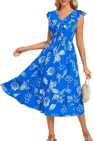 GRACE KARIN Women's Summer Dress Casual Boho Beach V Neck Smocked Waist Front Ruffle Floral Maxi Dresses with Pockets