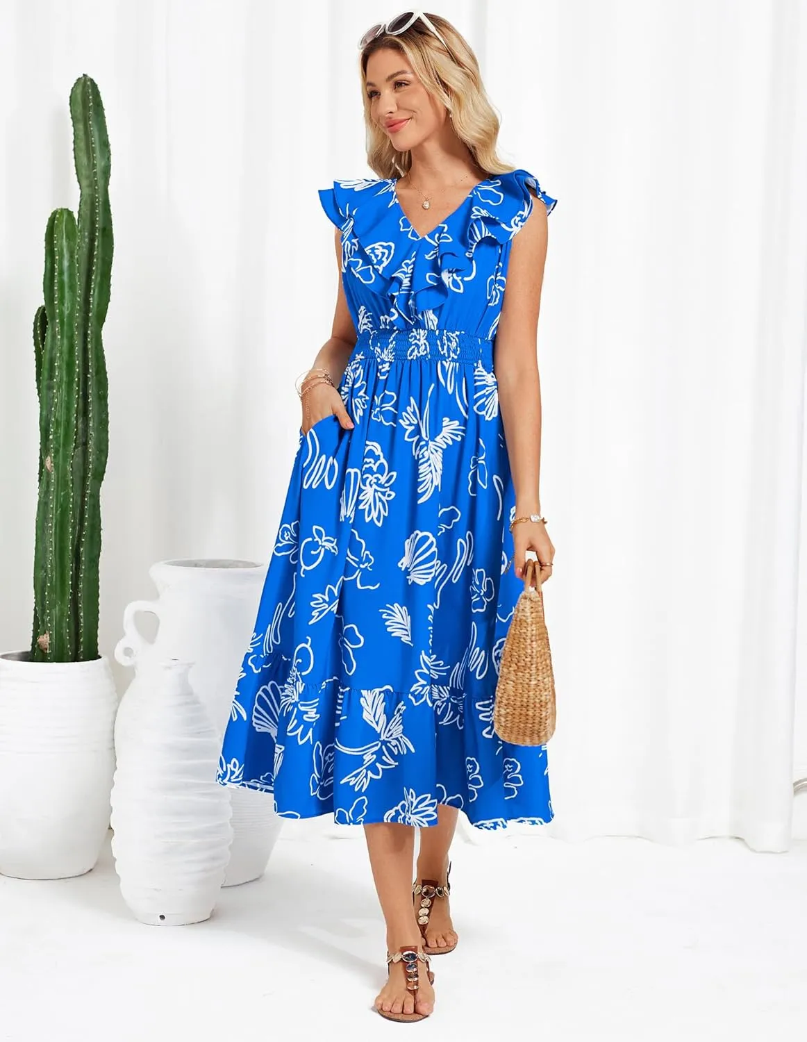 GRACE KARIN Women's Summer Dress Casual Boho Beach V Neck Smocked Waist Front Ruffle Floral Maxi Dresses with Pockets