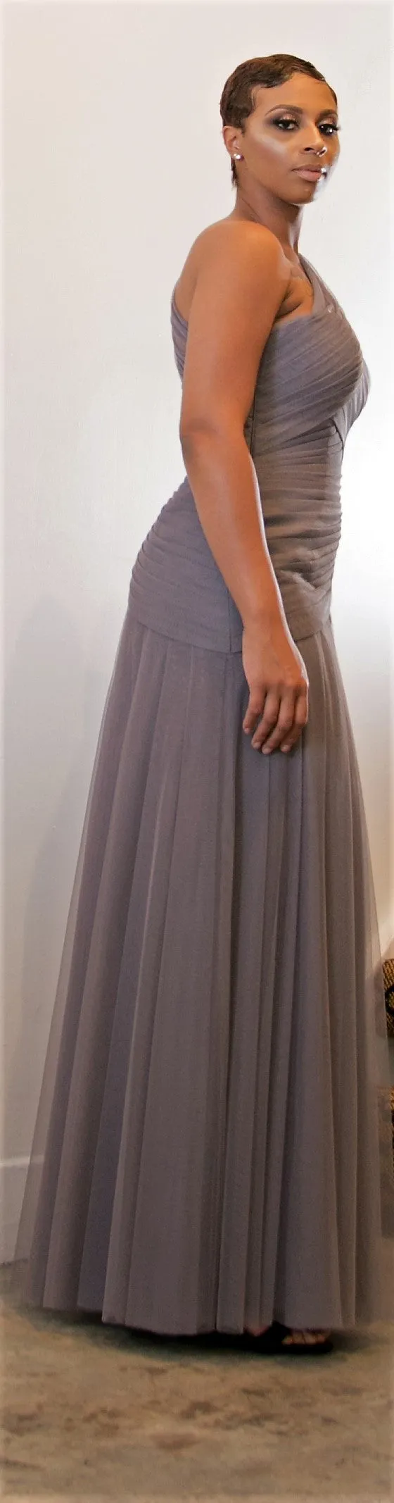 Grey One Shoulder Tulle Gown