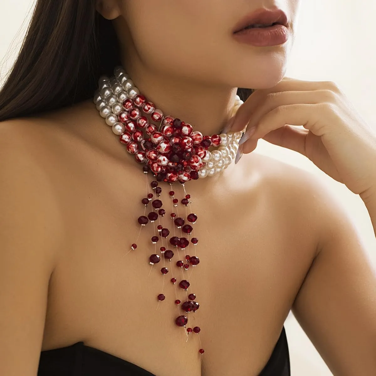 Halloween Dripping Blood Pearl Necklace for Women,Adjustable Layered Bleeding Blood Pearls Choker Necklaces Gothic Vampire Necklaces Punk Halloween Costume Jewelry