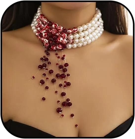 Halloween Dripping Blood Pearl Necklace for Women,Adjustable Layered Bleeding Blood Pearls Choker Necklaces Gothic Vampire Necklaces Punk Halloween Costume Jewelry