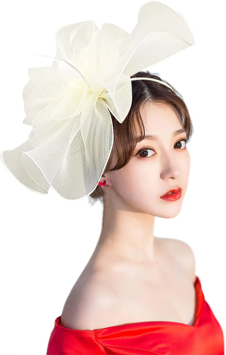 HAOZAIKEJI Women Veil Fascinators Wedding Tea Party Headpiece Organza Fascinators Hat Flower Feather Hair Clip with Headband