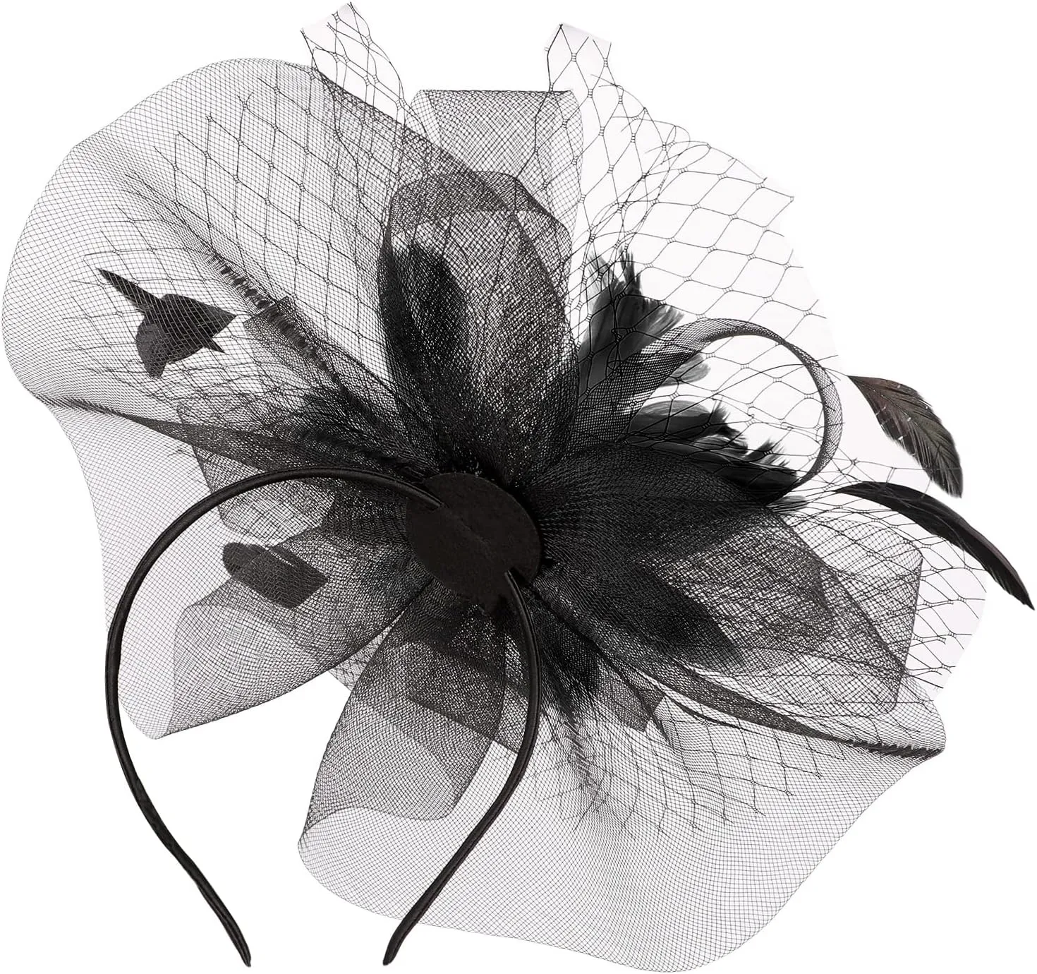 HAOZAIKEJI Women Veil Fascinators Wedding Tea Party Headpiece Organza Fascinators Hat Flower Feather Hair Clip with Headband