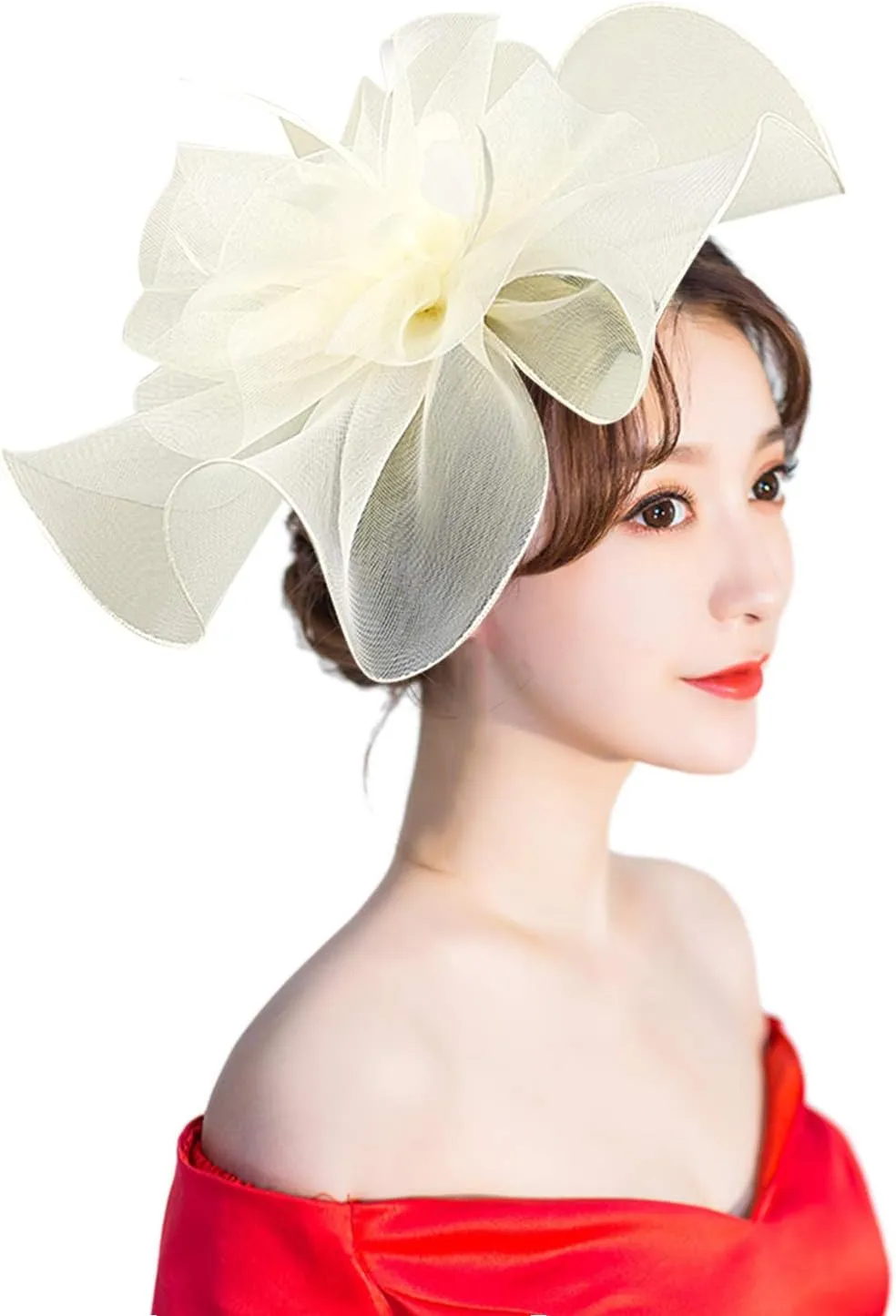 HAOZAIKEJI Women Veil Fascinators Wedding Tea Party Headpiece Organza Fascinators Hat Flower Feather Hair Clip with Headband