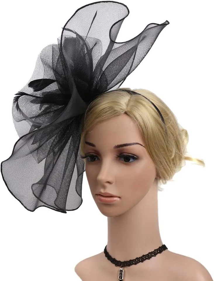 HAOZAIKEJI Women Veil Fascinators Wedding Tea Party Headpiece Organza Fascinators Hat Flower Feather Hair Clip with Headband