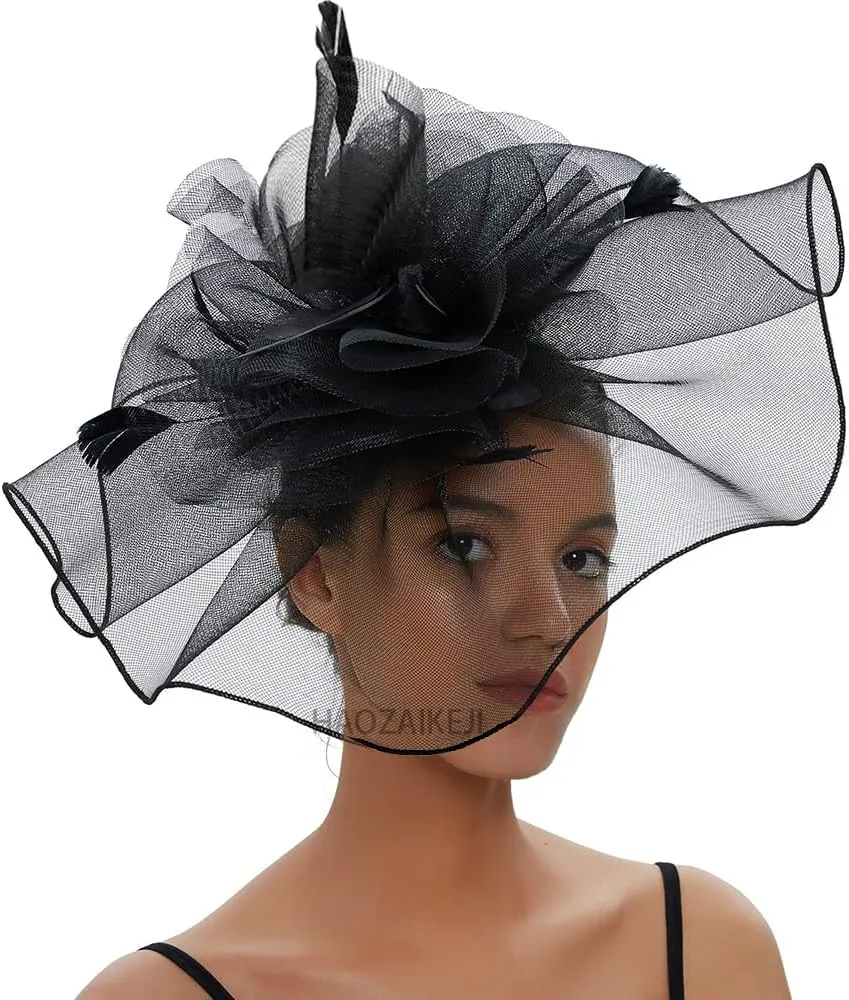 HAOZAIKEJI Women Veil Fascinators Wedding Tea Party Headpiece Organza Fascinators Hat Flower Feather Hair Clip with Headband