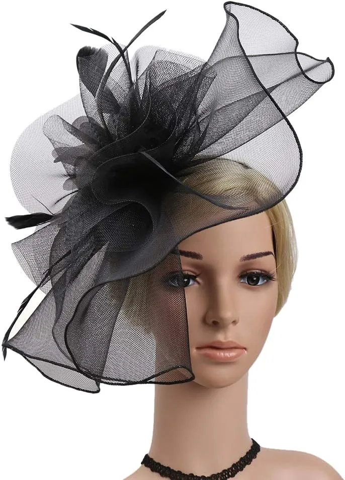HAOZAIKEJI Women Veil Fascinators Wedding Tea Party Headpiece Organza Fascinators Hat Flower Feather Hair Clip with Headband