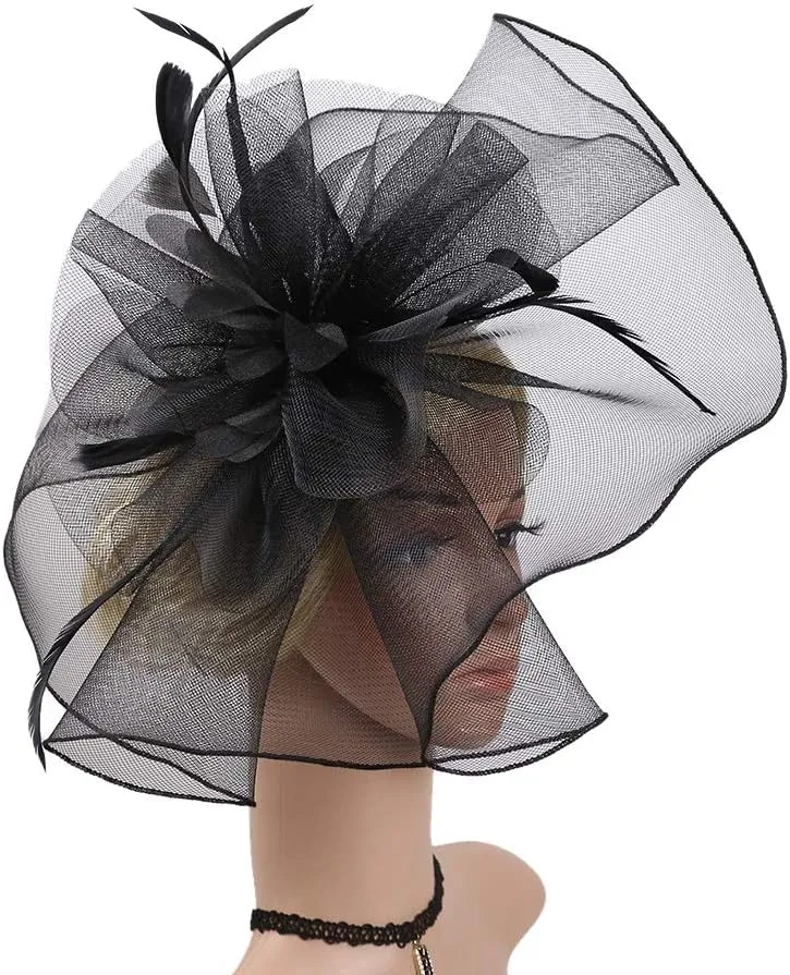 HAOZAIKEJI Women Veil Fascinators Wedding Tea Party Headpiece Organza Fascinators Hat Flower Feather Hair Clip with Headband