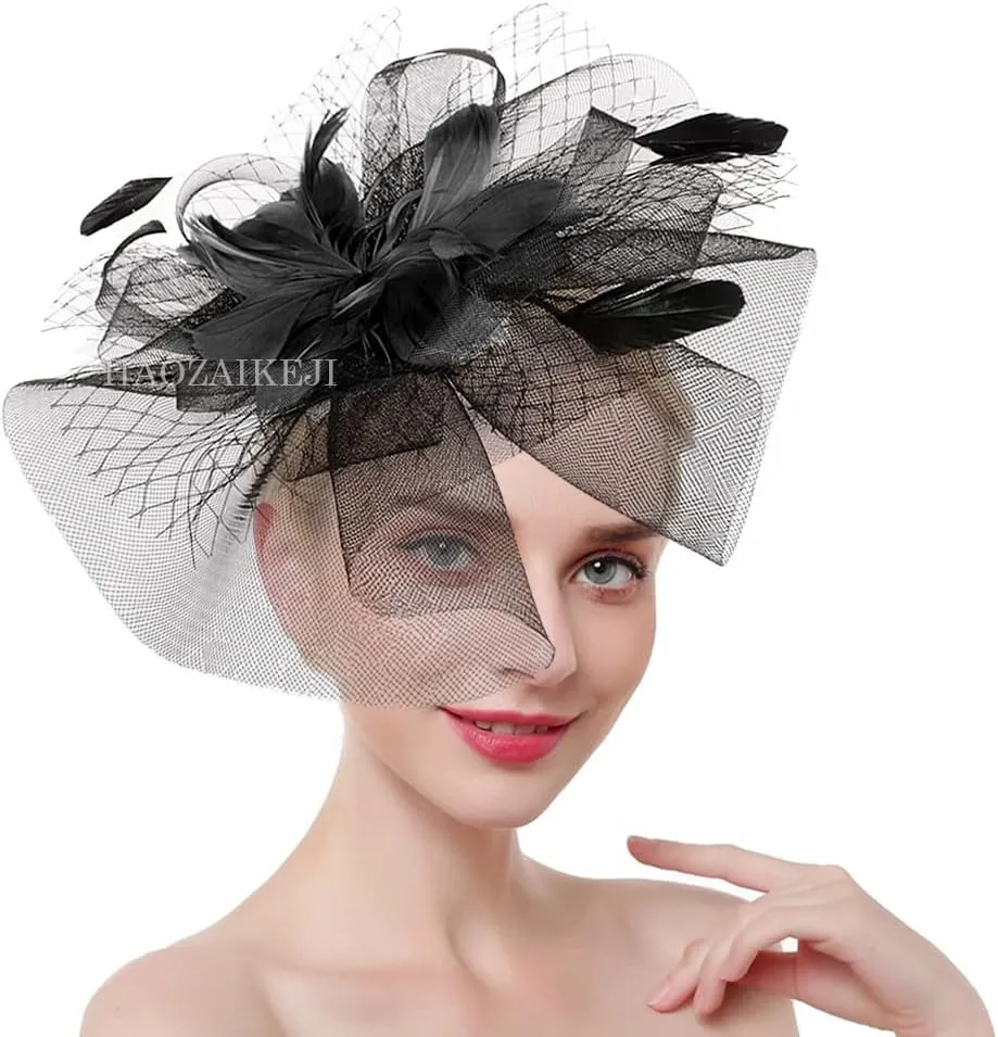 HAOZAIKEJI Women Veil Fascinators Wedding Tea Party Headpiece Organza Fascinators Hat Flower Feather Hair Clip with Headband