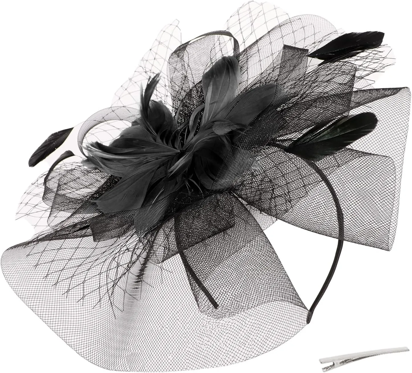 HAOZAIKEJI Women Veil Fascinators Wedding Tea Party Headpiece Organza Fascinators Hat Flower Feather Hair Clip with Headband