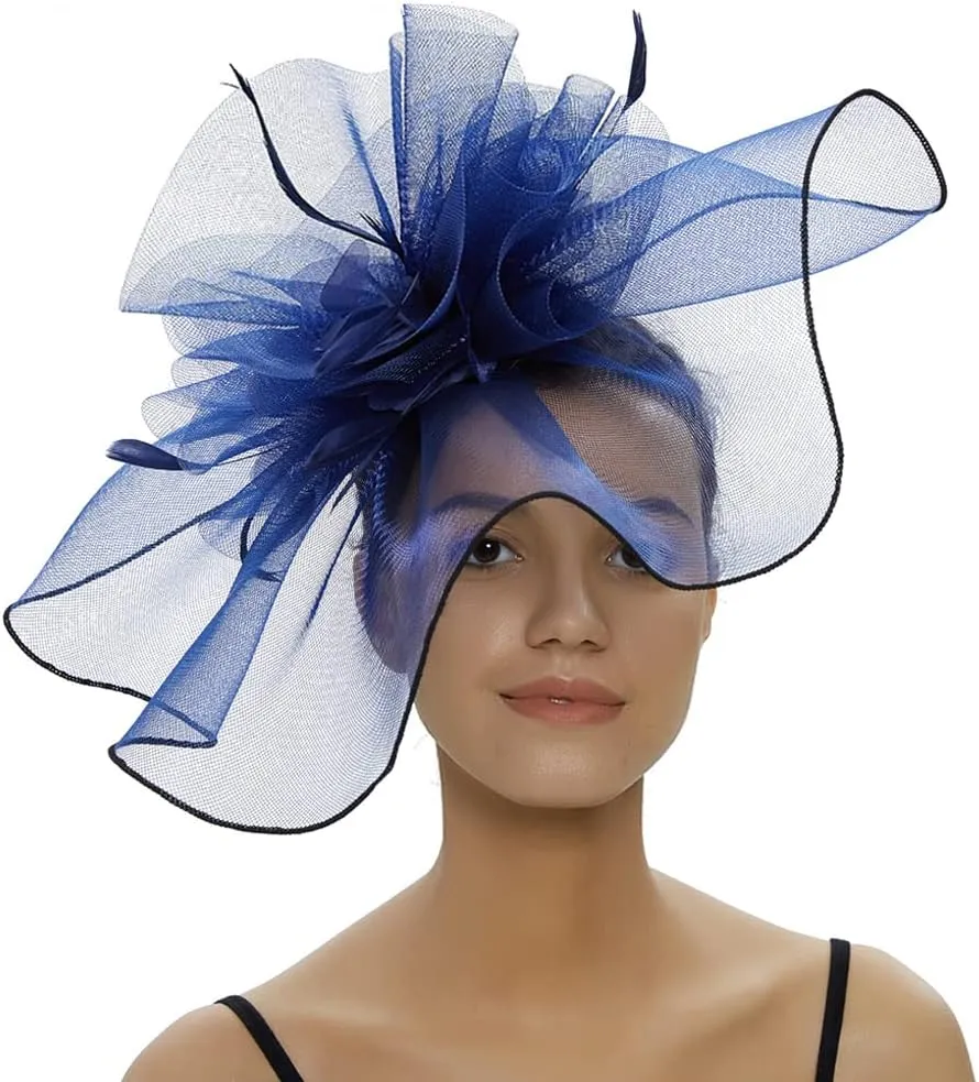 HAOZAIKEJI Women Veil Fascinators Wedding Tea Party Headpiece Organza Fascinators Hat Flower Feather Hair Clip with Headband