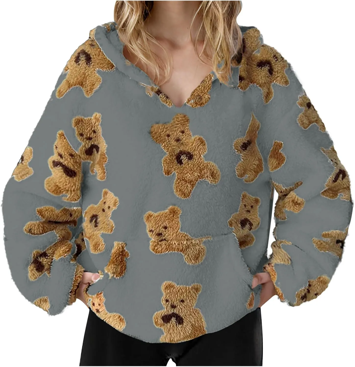 Hoodies For Teen Girls Oversized Sherpa Hoodie Women Fuzzy Fleece Hooded Sweatshirt Cute Teddy Bear Print Pullover Tops