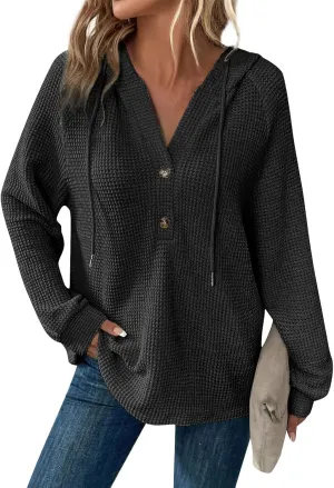 Hoodies for Women Comfy V Neck Waffle Knit Hooded Sweatshirts Drawstring Casual Long Sleeve Fall Pullover Sweaters