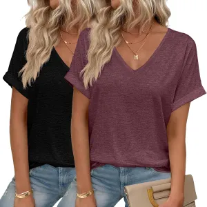 HOTOUCH Womens Summer Tops Roll-up Short Sleeve V Neck Basic T Shirts Workout Soft Fashion Trendy Plain Casual Tees