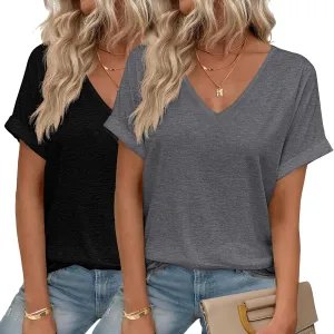 HOTOUCH Womens Summer Tops Roll-up Short Sleeve V Neck Basic T Shirts Workout Soft Fashion Trendy Plain Casual Tees