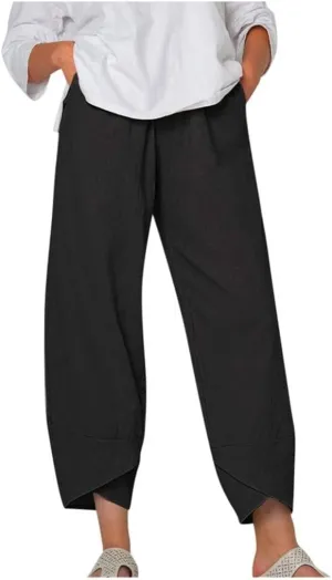 HOTYD Womens Cotton Linen Capri Pants Drawstring Elastic Waist Loose Fit Yoga Pants Baggy Cropped Trousers with Pockets