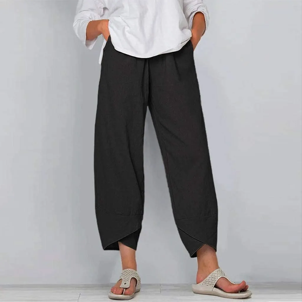 HOTYD Womens Cotton Linen Capri Pants Drawstring Elastic Waist Loose Fit Yoga Pants Baggy Cropped Trousers with Pockets