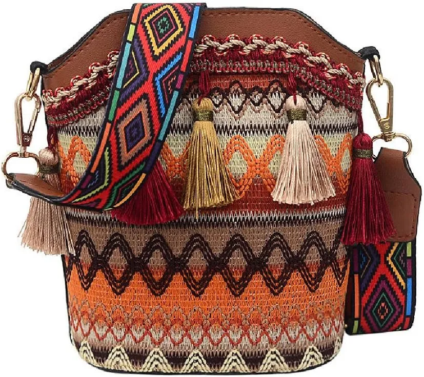 IAMUHI Lovely Small Straw Bucket Phone Purse Handwoven Bohemian Fringed Crossbody Beach Bag Mini Hobo Handbag for Women