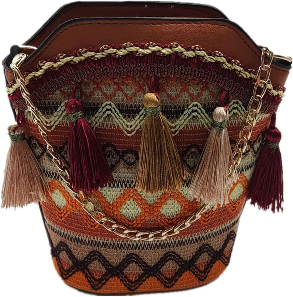IAMUHI Lovely Small Straw Bucket Phone Purse Handwoven Bohemian Fringed Crossbody Beach Bag Mini Hobo Handbag for Women