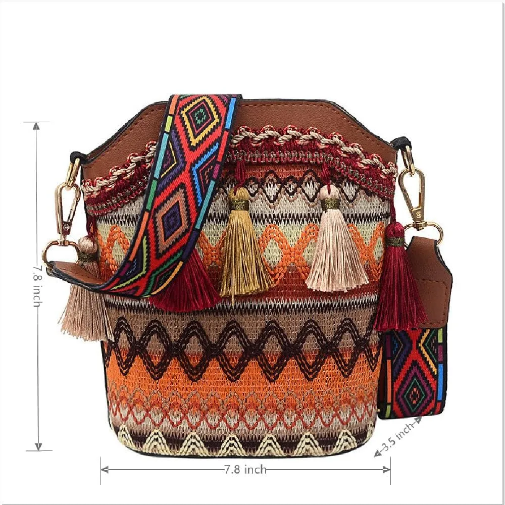 IAMUHI Lovely Small Straw Bucket Phone Purse Handwoven Bohemian Fringed Crossbody Beach Bag Mini Hobo Handbag for Women