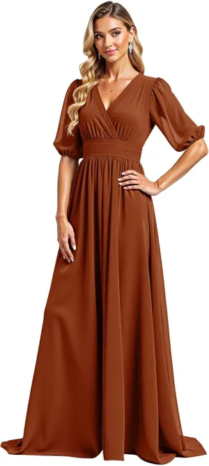 JAEDEN Chiffon Formal Evening Gowns & Bridesmaid Dresses, V-Neck with Pleats, Half Sleeves