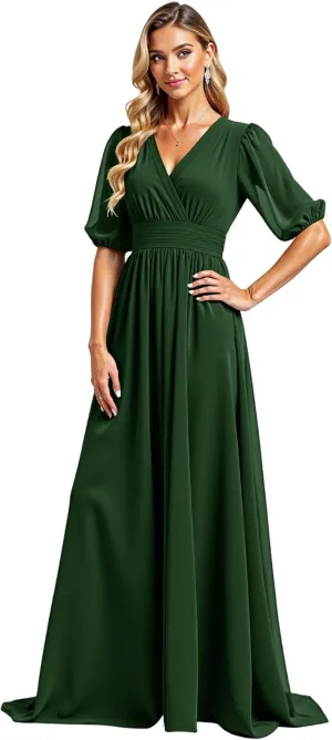 JAEDEN Chiffon Formal Evening Gowns & Bridesmaid Dresses, V-Neck with Pleats, Half Sleeves