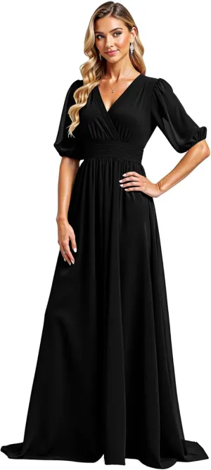 JAEDEN Chiffon Formal Evening Gowns & Bridesmaid Dresses, V-Neck with Pleats, Half Sleeves