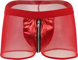 JEShifangjiusu Men's Sexy Mesh Boxer Briefs Mid Waist Front Zipper Sissy Trunks Thong See Through Breathable Gay Underwear