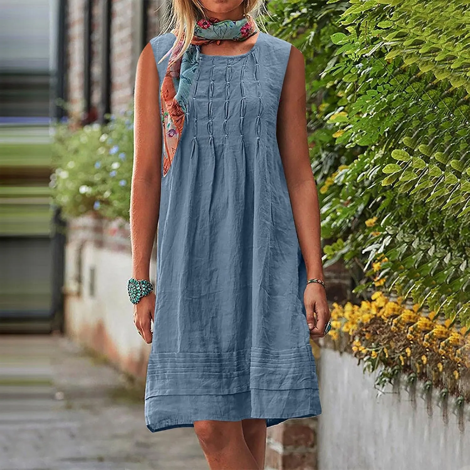 JOAU Cotton Linen Tank Dress for Women Pleated Summer Crewneck Sleeveless Sundress Beach Vacation Casual Knee Length Dresses